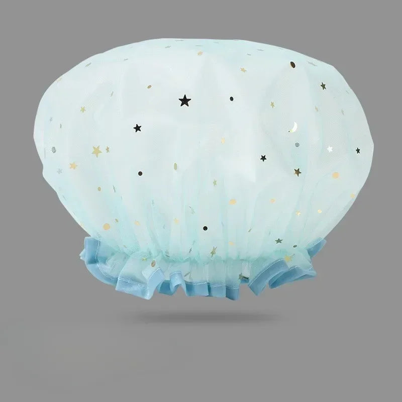 Waterproof Double-Layer Shower Cap – Starry Sky Design, Fashionable Reusable Bathing Hat, Oil-Proof Kitchen Hat