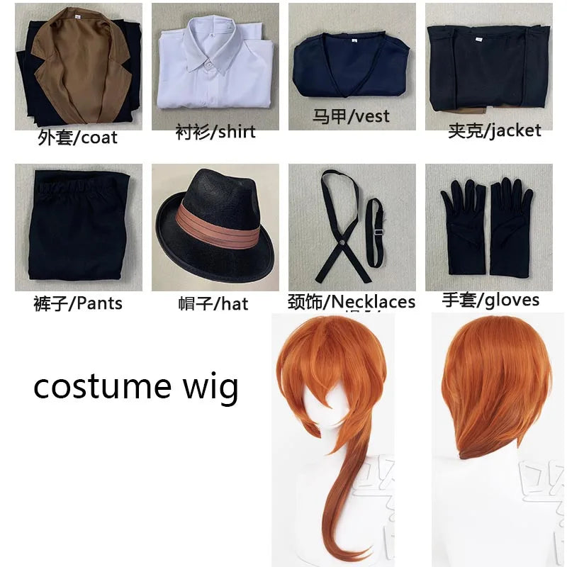Nakahara Chuuya Cosplay Costume — Hat, Uniform, Trench Coat & Pants, Big Size Outfit for Halloween & Comic Con