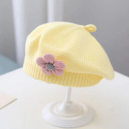 Flower Baby Beret Hat - Warm Knitted Winter Beanie Cap for Infant Girls & Toddlers