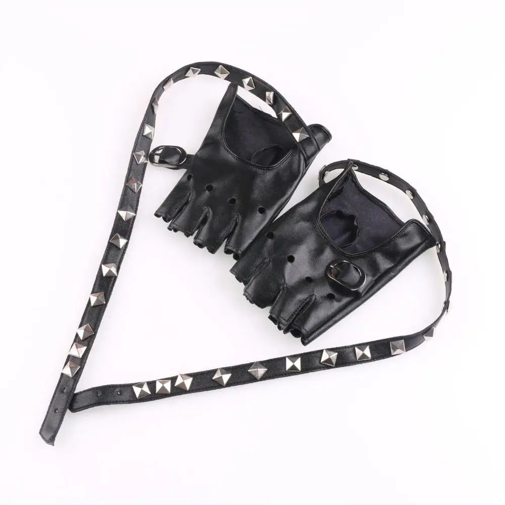 Unisex Fingerless PU Leather Driving Gloves, Rivet Punk Style Disco Rock & Roll Gloves for Dance, Motorcycle & Party Wear (Black/Red/White)