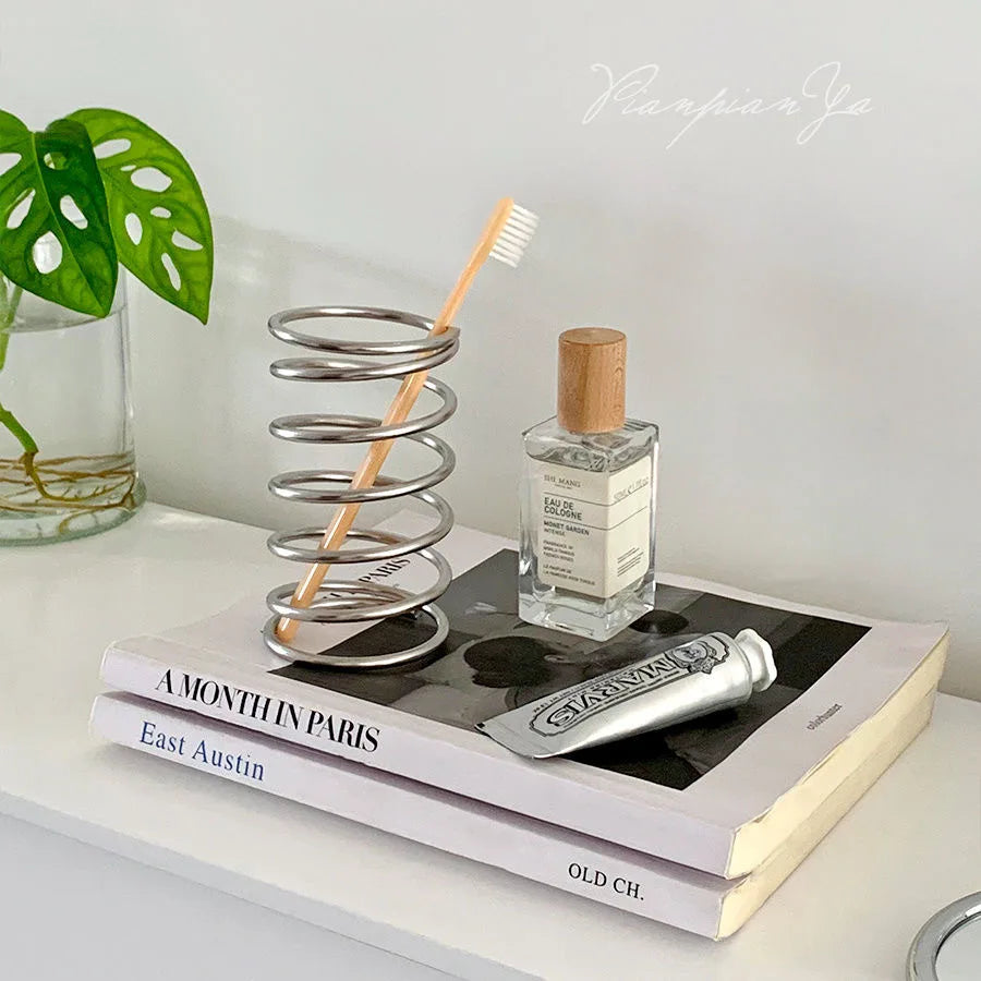 Stainless Steel Toothbrush Holder – Metal Bathroom Storage Rack for Toothpaste, Makeup Brushes & Home Decoration