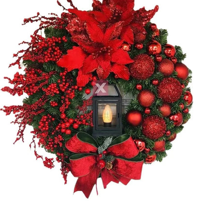40cm Christmas Wreath with Lantern – Front Door Garland with Large Bow, Seasonal Holiday Ornament for Wall & Door Decor
