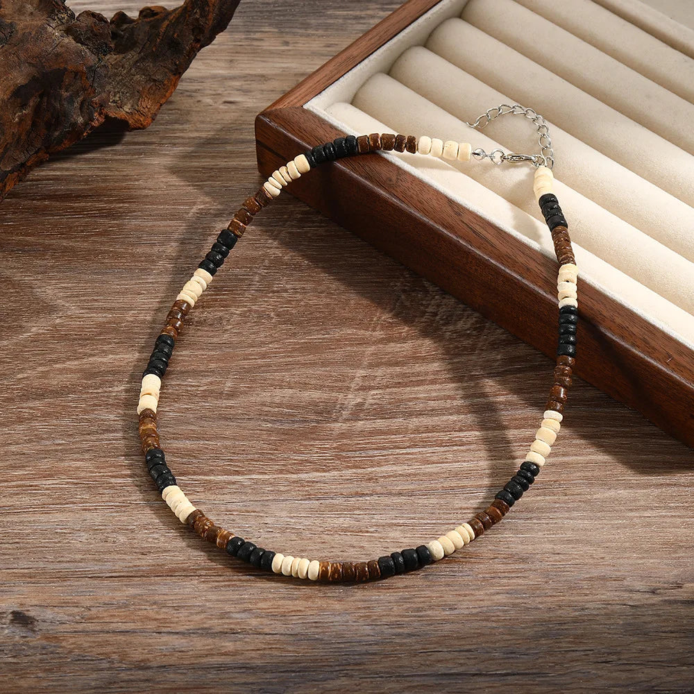 Noter Men’s Natural Coconut Beads Necklace – 19-Inch Handmade Wooden Choker for Casual Jewelry & Gifts