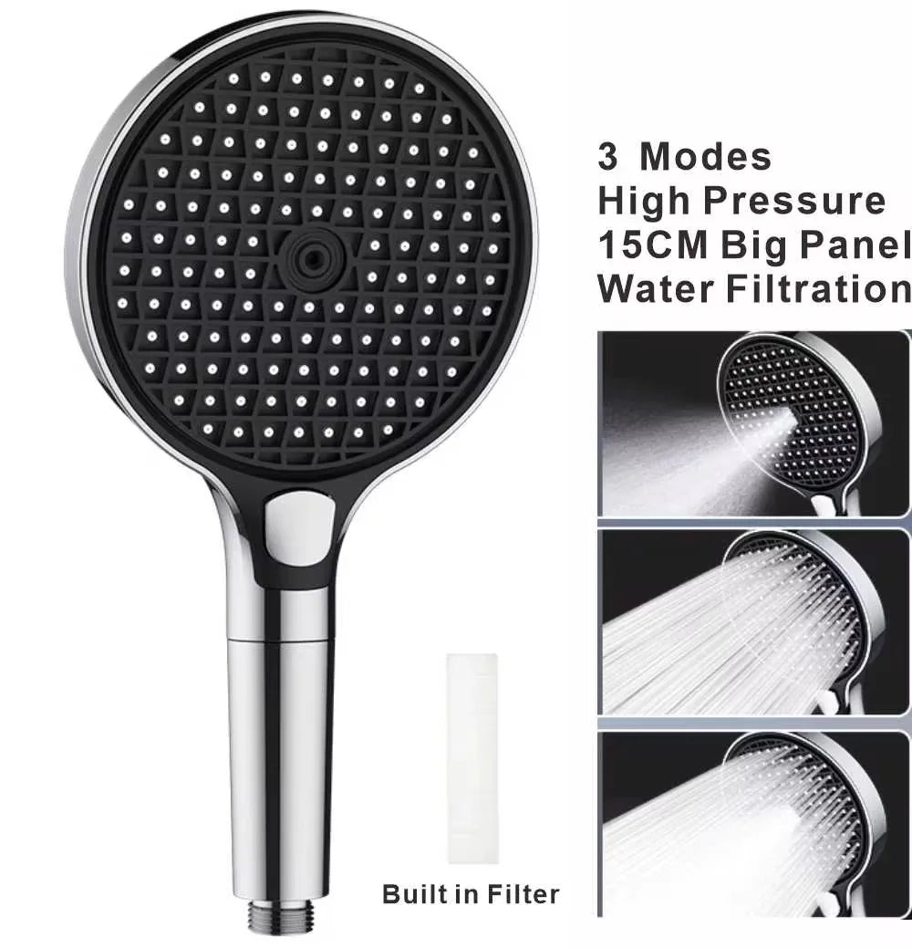 15cm Large Panel High Pressure Shower Head with Filter – 3 Modes Rainfall Spray Nozzle for Bathroom Accessories