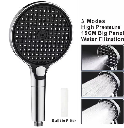 15cm Large Panel High Pressure Shower Head with Filter – 3 Modes Rainfall Spray Nozzle for Bathroom Accessories