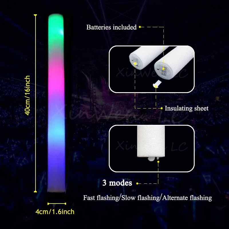 60Pcs RGB LED Glow Sticks – Colorful Foam Cheer Tubes for Dark Light, Birthday, Wedding, and Party Supplies