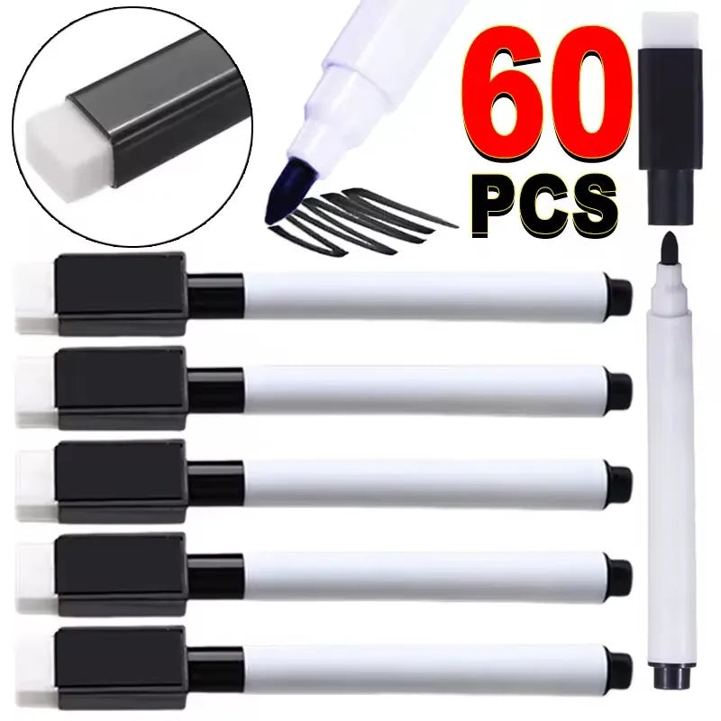 Magnetic Dry Erase Markers with Eraser Caps - Black Whiteboard Pens for School, Home and Office