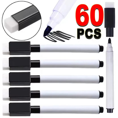 Magnetic Dry Erase Markers with Eraser Caps - Black Whiteboard Pens for School, Home and Office