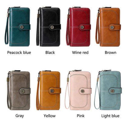 RFID Anti-Theft Retro Large Capacity Women's Wallet – Multi-Card Zipper Wallet with Wrist Strap