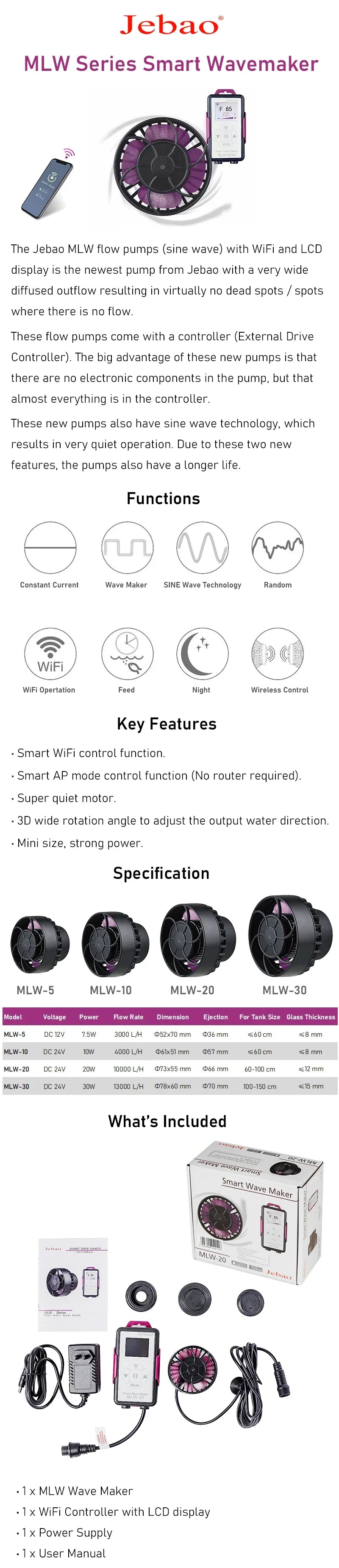Jebao MLW Series Smart Aquarium Wave Maker – WiFi Flow Pump with LCD Controller for Fish Tanks