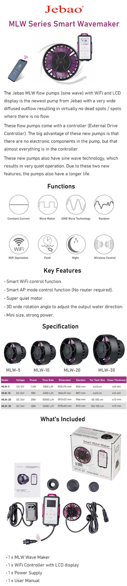 Jebao MLW Series Smart Aquarium Wave Maker – WiFi Flow Pump with LCD Controller for Fish Tanks