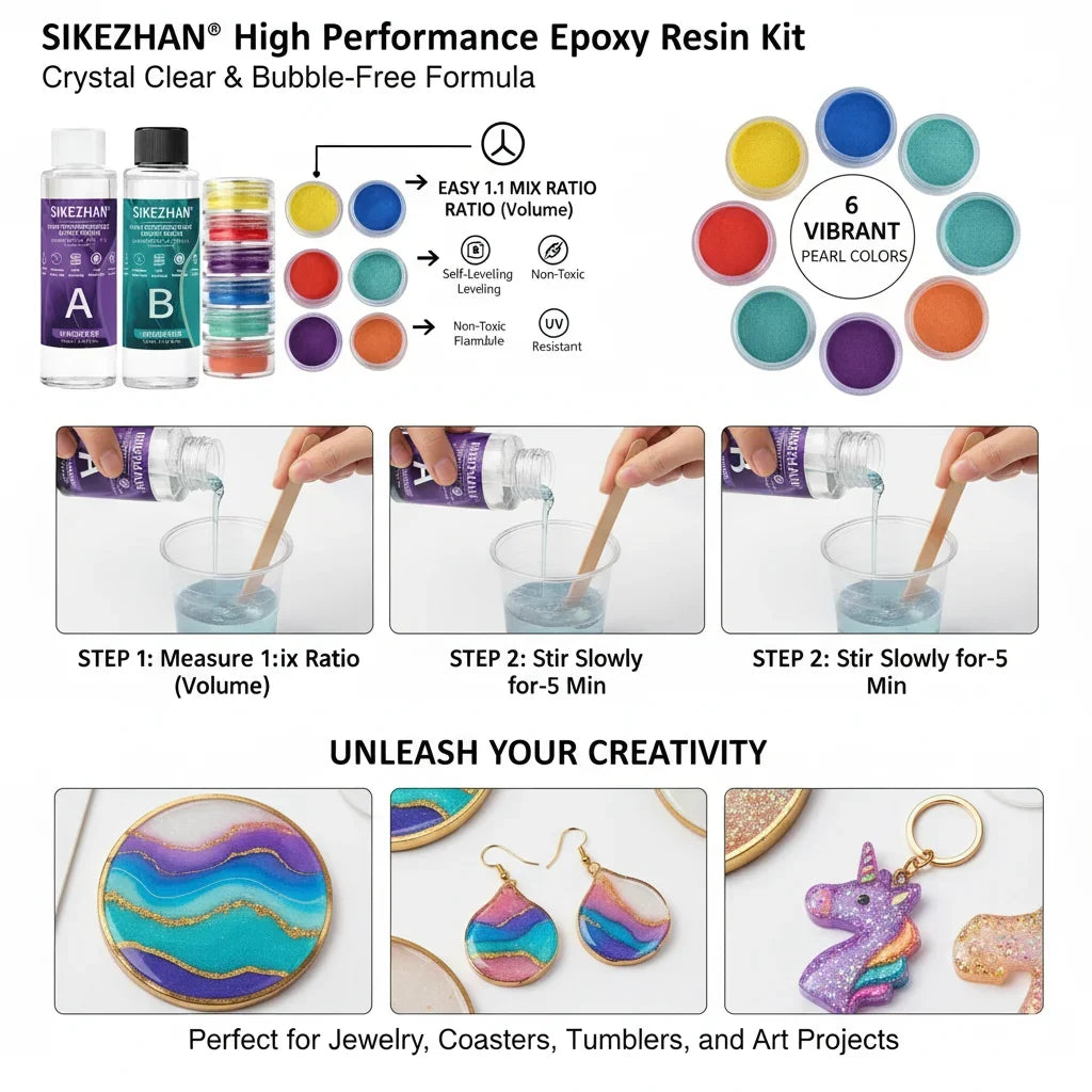 Crystal Clear Epoxy Resin Kit - AB Resin Glue with 6 Color Mica Powder for DIY Jewelry, Nail Art, Soap & Crafts