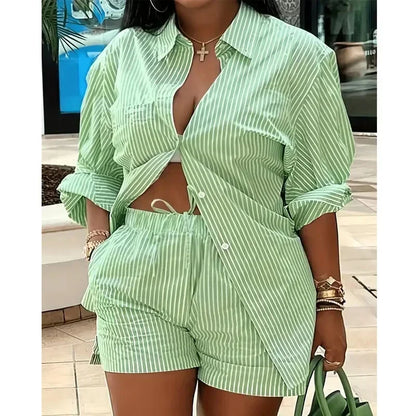 Women’s Colorful Striped Two-Piece Set – Casual Summer Button-Up Long Sleeve Shirt & Shorts Outfit