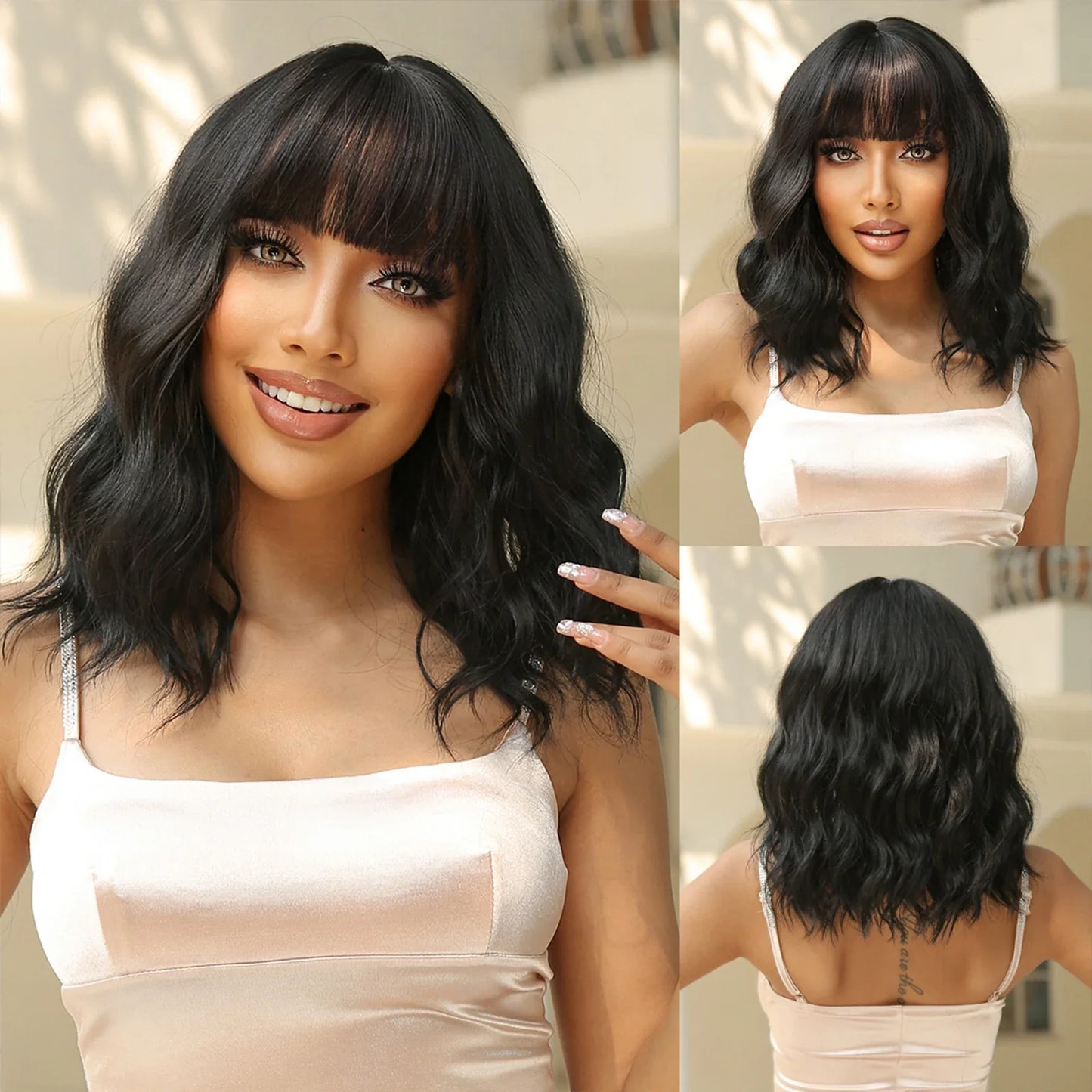 Short Wavy Green Synthetic Wig for Women – Green Cosplay Bob Wig with Bangs, Lolita Party Hair, Heat-Resistant Natural Fake Hair