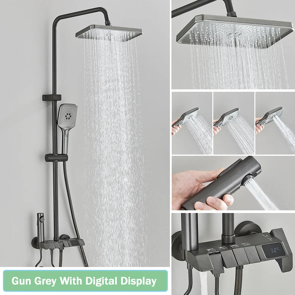Rozin Black Smart Digital Display Shower Faucet Set - Piano Style Rainfall Bathroom System with Grey Digital Mixer Tap & Bidet Shower