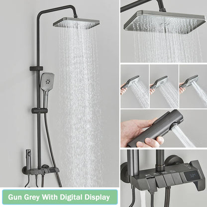 Rozin Black Smart Digital Display Shower Faucet Set - Piano Style Rainfall Bathroom System with Grey Digital Mixer Tap & Bidet Shower