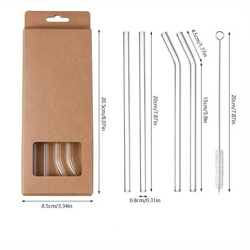 5-Piece Set: Heat Resistant Glass Straws with Cleaning Brush - Reusable & Perfect for Smoothies, Milkshakes, Tea, Juice