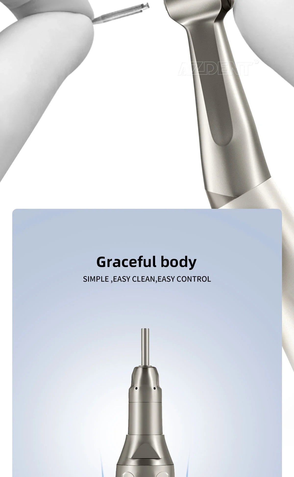 AZDENT Dental Low Speed Handpiece 1:1 Contra Angle – Push Button for ø2.35mm CA Burs, 2/4 Holes, Air Motor