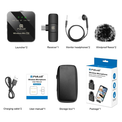 PULUZ Wireless Lavalier Microphone – Dual Mics with 8-Pin & Type-C Receiver for iPhone, iPad, & Android