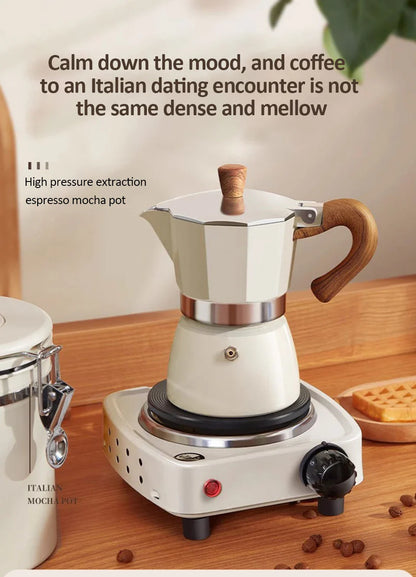 Vintage Wooden Handle Moka Pot – Classic Italian Espresso Maker 150ml/300ml for Home & Cafe Use