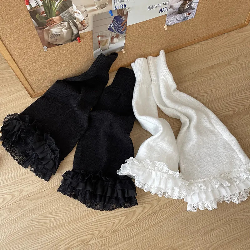 Stay Warm and Stylish: Retro Spicy Girl Lace Leg Warmers for Women - Autumn/Winter Lolita JK Horn T-Shaped Socks, Elephant Leg Design, 1 Pair