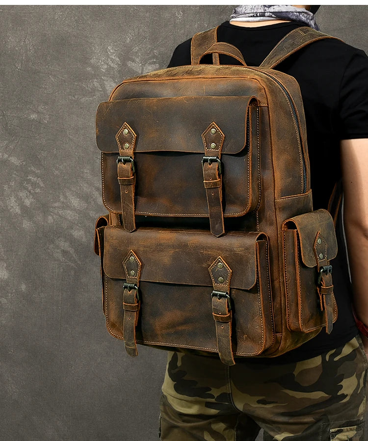 Vintage Crazy Horse Leather Backpack for Men — 17" Laptop Travel Rucksack Cowhide Hiking Bag M815