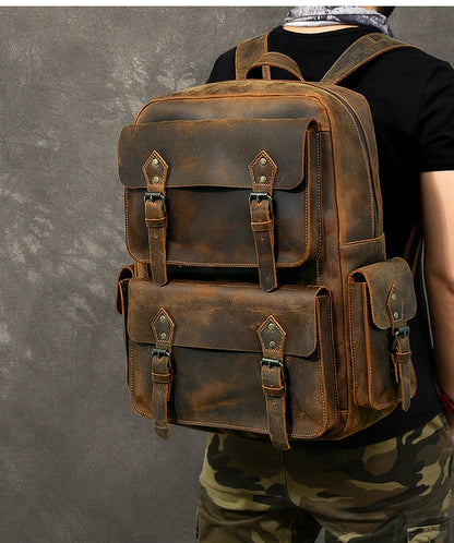 Vintage Crazy Horse Leather Backpack for Men — 17" Laptop Travel Rucksack Cowhide Hiking Bag M815