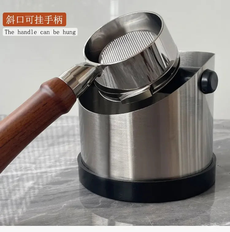 Stainless Steel Coffee Knock Box – Non-Slip Espresso Ground Bin with Rubber Ring and Beveled Design