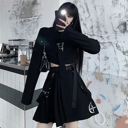Spring Harajuku Streetwear Two-Piece Skirt Set - Oversize Punk Chain Ribbon Skirts for Women, 2-Piece Suit for Female