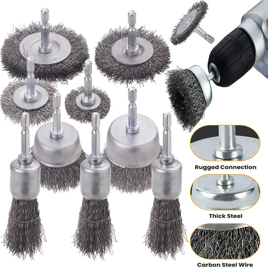 10 Pack Wire Brush Wheel Cup Brush Set: 1/4 Inch Hex Shank Wire Brush for Drill - Coarse Carbon Steel Crimped Wire Wheel (0.012 Inch)