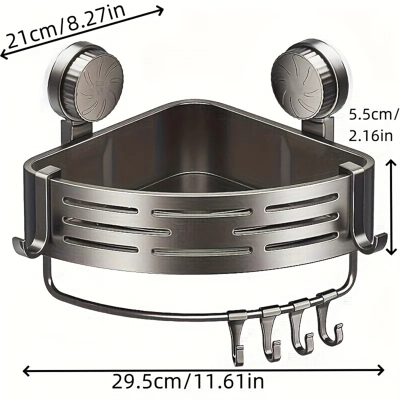 Space-Saving Suction Cup Bathroom Shelf — No-Drill Triangular Rack with Hooks for Shower & Toilet Storage