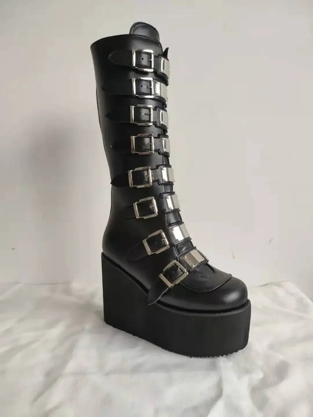 Women’s Gothic Boots – Cosplay High Heel Platform Wedges, Buckle Strap Long Tube Leather Boots, Plus Size Options