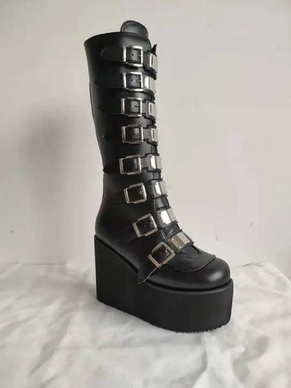 Women’s Gothic Boots – Cosplay High Heel Platform Wedges, Buckle Strap Long Tube Leather Boots, Plus Size Options