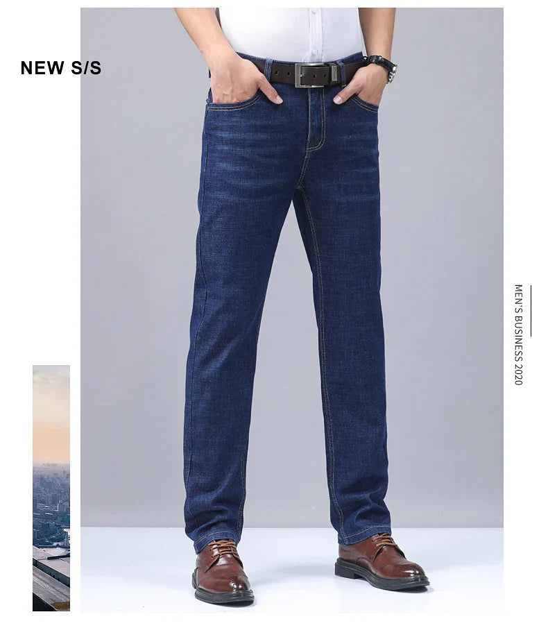 Men’s Casual Comfortable Jeans – Straight Loose Fit High Waist Elastic Trousers for All Seasons & Office Wear