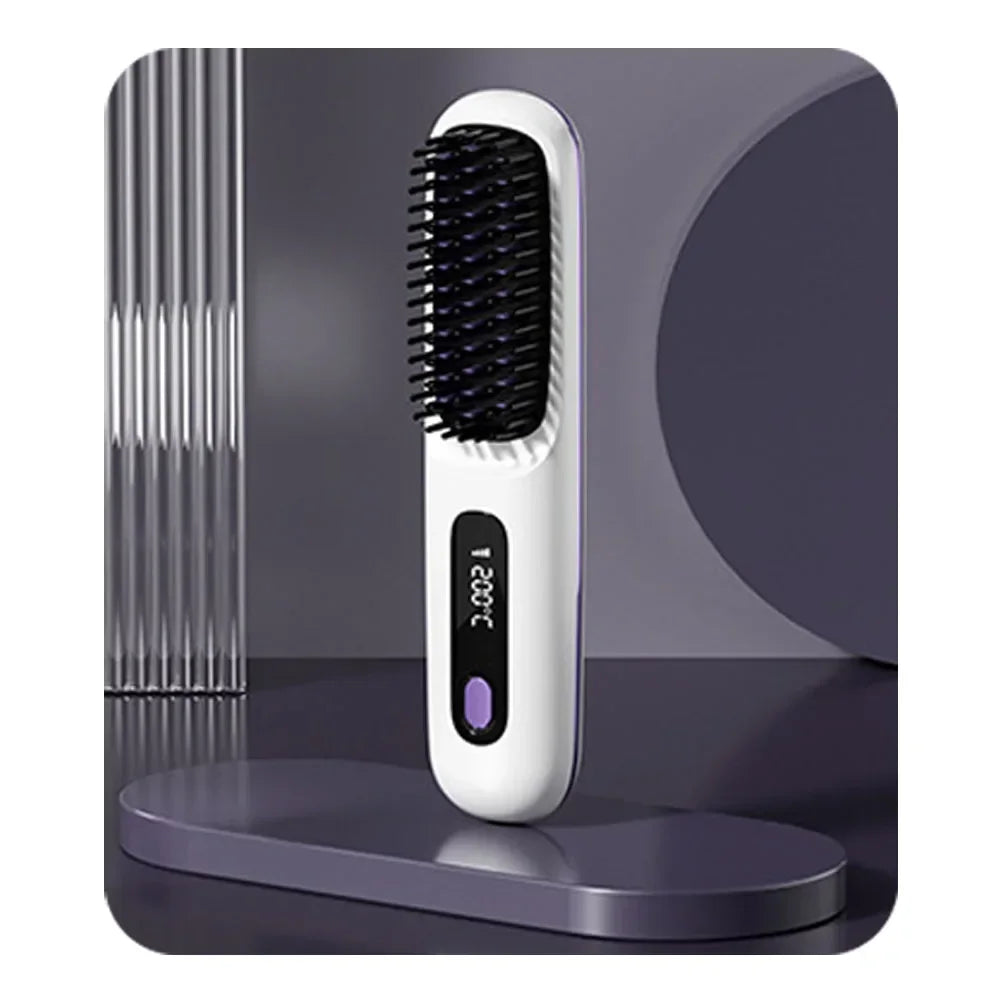 Electric LCD USB Ceramic Hair Straightening Comb – Wireless Portable Negative Ion Rechargeable Styling Brush