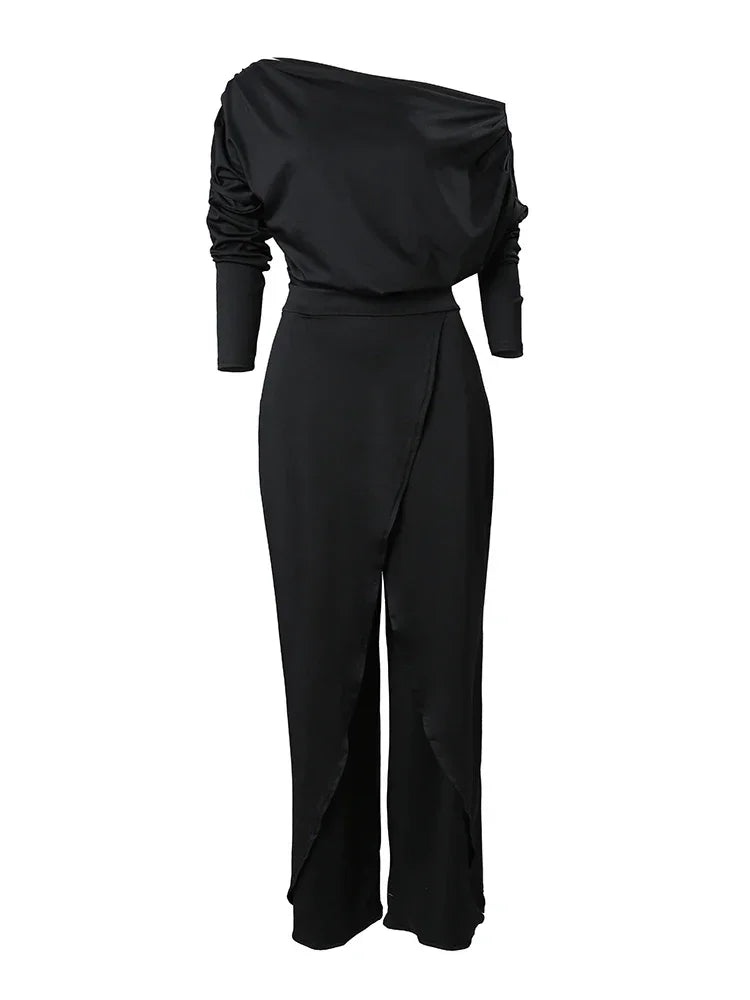 Women’s Elegant Jumpsuit 2025 – Spring Office Wear, Loose Ruched Cold Shoulder, Split Hem Wide Leg Plain Jumpsuit