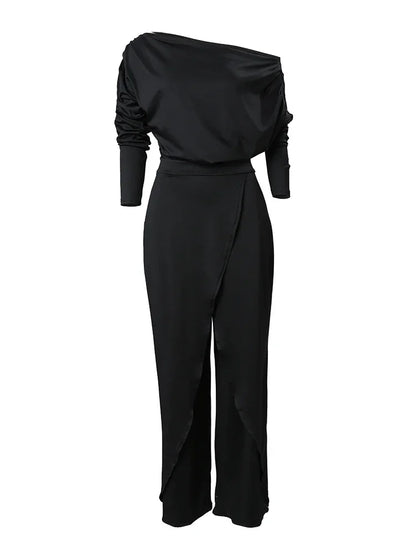 Women’s Elegant Jumpsuit 2025 – Spring Office Wear, Loose Ruched Cold Shoulder, Split Hem Wide Leg Plain Jumpsuit