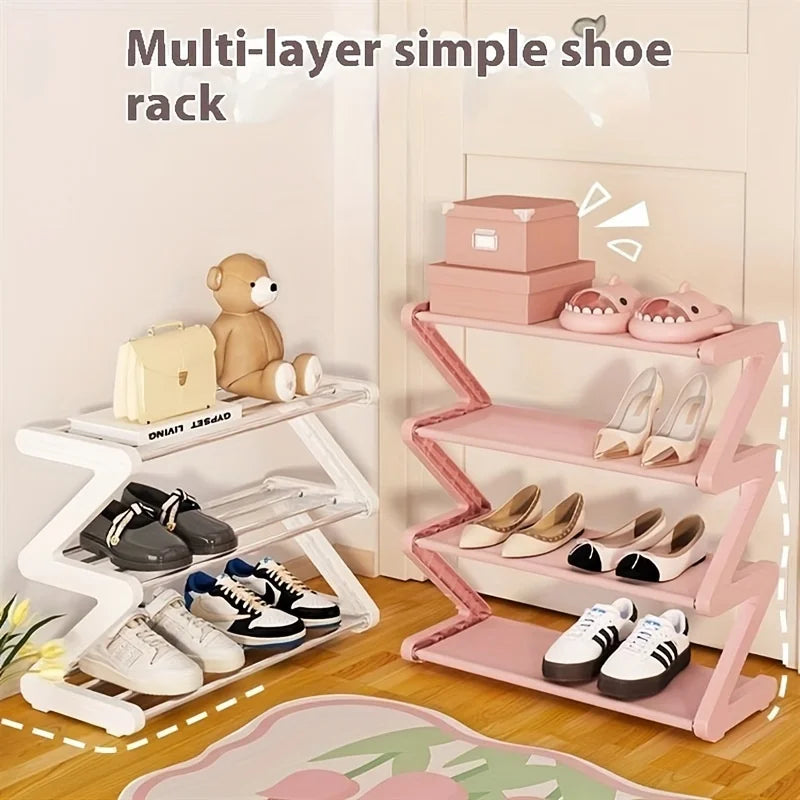 4-Tier Pink Z-Shaped Shoe Rack – Floor Storage Organizer for Living Room, Bedroom & Entryway