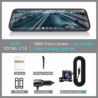 10-Inch Mirror Camera for Car – Touch Screen Video Recorder, Front & Rear Dash Cam, Rearview Mirror DVR Black Box
