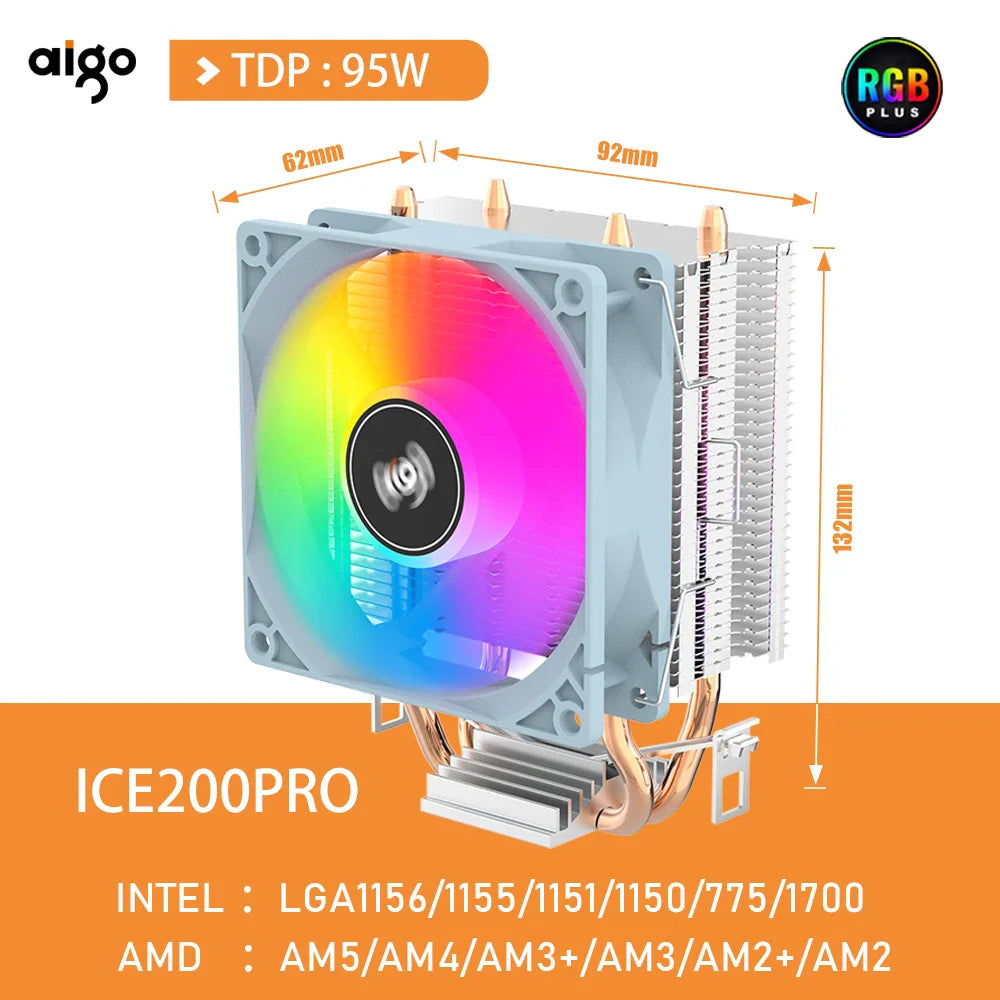 Aigo ICE200PRO CPU Air Cooler — 2 Heatpipe Radiator with 3-Pin PWM Quiet Fan for Intel LGA 115X/1200/1700 & AMD AM4/AM5