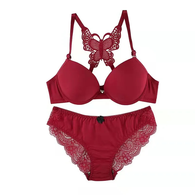 Women Butterfly Front Buckle Bra & Brief Set – Detachable Double Strap Sexy Sheer Lingerie Romantic Underwear Set