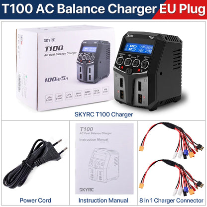 SKYRC T100 AC Dual 5A Lipo Battery Charger — 2x50W Balance Charger for 2-4S NiMH, NiCd, LiPo, LiFe, LiIon, LiHV RC Cars
