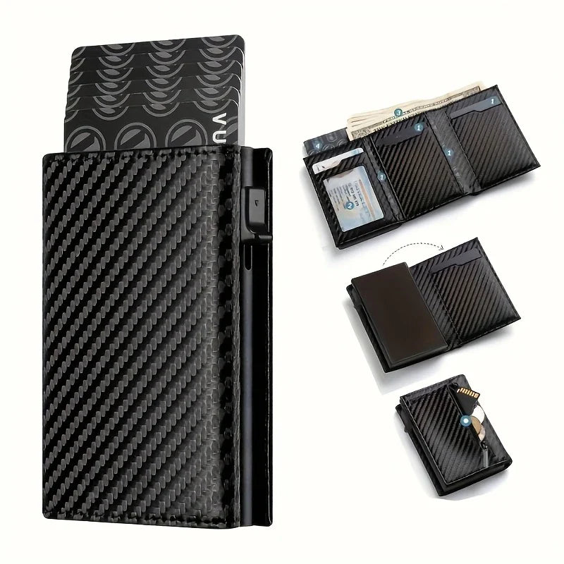 Men’s Minimalist RFID Wallet — Zipper Coin Purse & Pop-Up Metal Card Holder