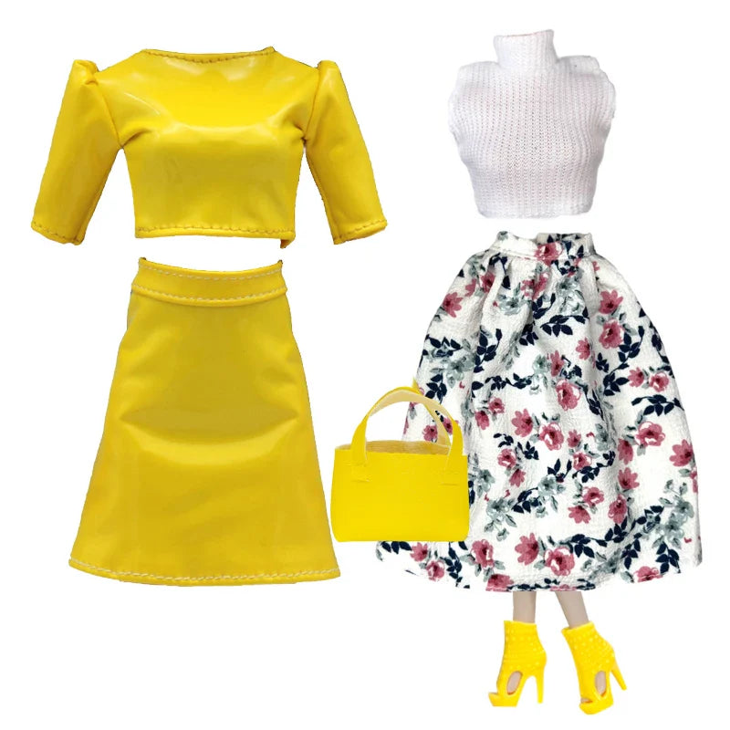 Elegant 1/6 Doll Outfit – Pink Houndstooth Dress, Hat, Gold Belt, Handbag & Shoes Set