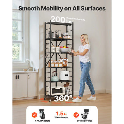 SucceBuy 3-6 Tier Black Foldable Storage Rack — Wheeled Metal Shelving Organizer for Garage & Kitchen