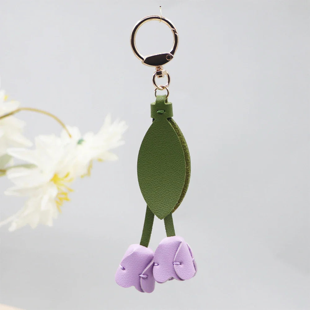 Fashion Tulip PU Leather Bag Charm Keychain – Cute Flower & Leaf Pendant, Creative Handbag Decoration Gift for Family & Friends