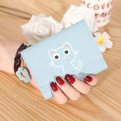 Women’s Cute Cat PU Leather Wallet — Small Short Card Holder Purse with Hasp, Fashion Money Bag for Girls & Gifts