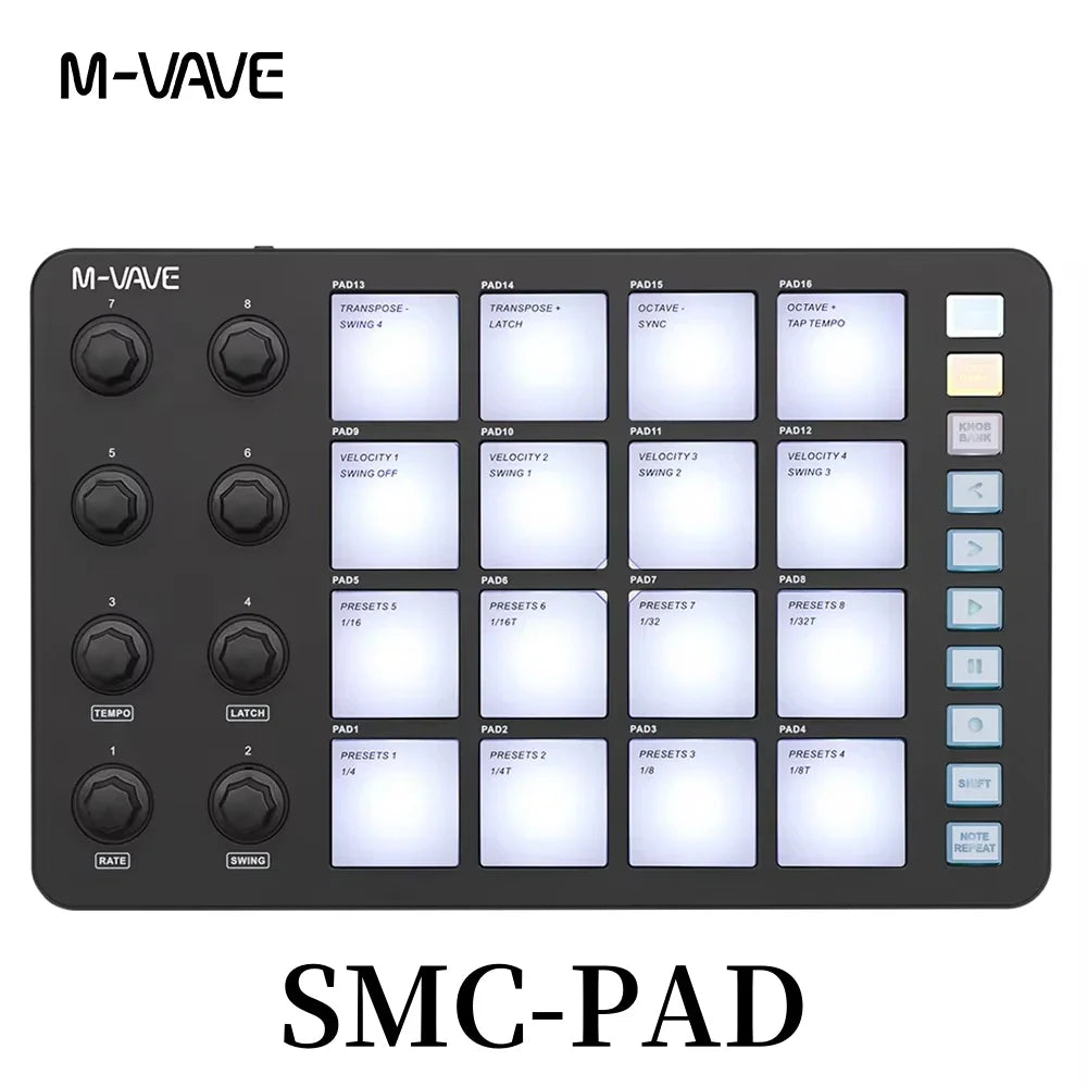 M-VAVE SMC-PAD Wireless MIDI Controller – Portable Percussion Keyboard with USB-C Interface, Compact MIDI Pad for Music Production