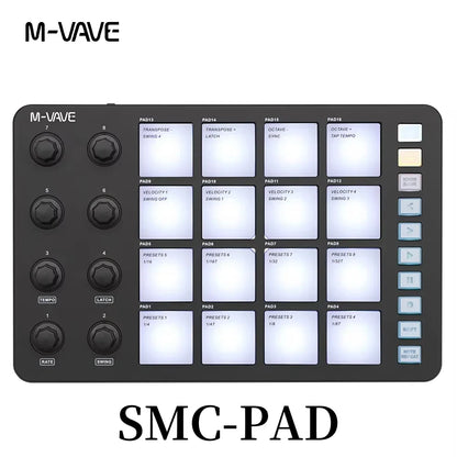 M-VAVE SMC-PAD Wireless MIDI Controller – Portable Percussion Keyboard with USB-C Interface, Compact MIDI Pad for Music Production