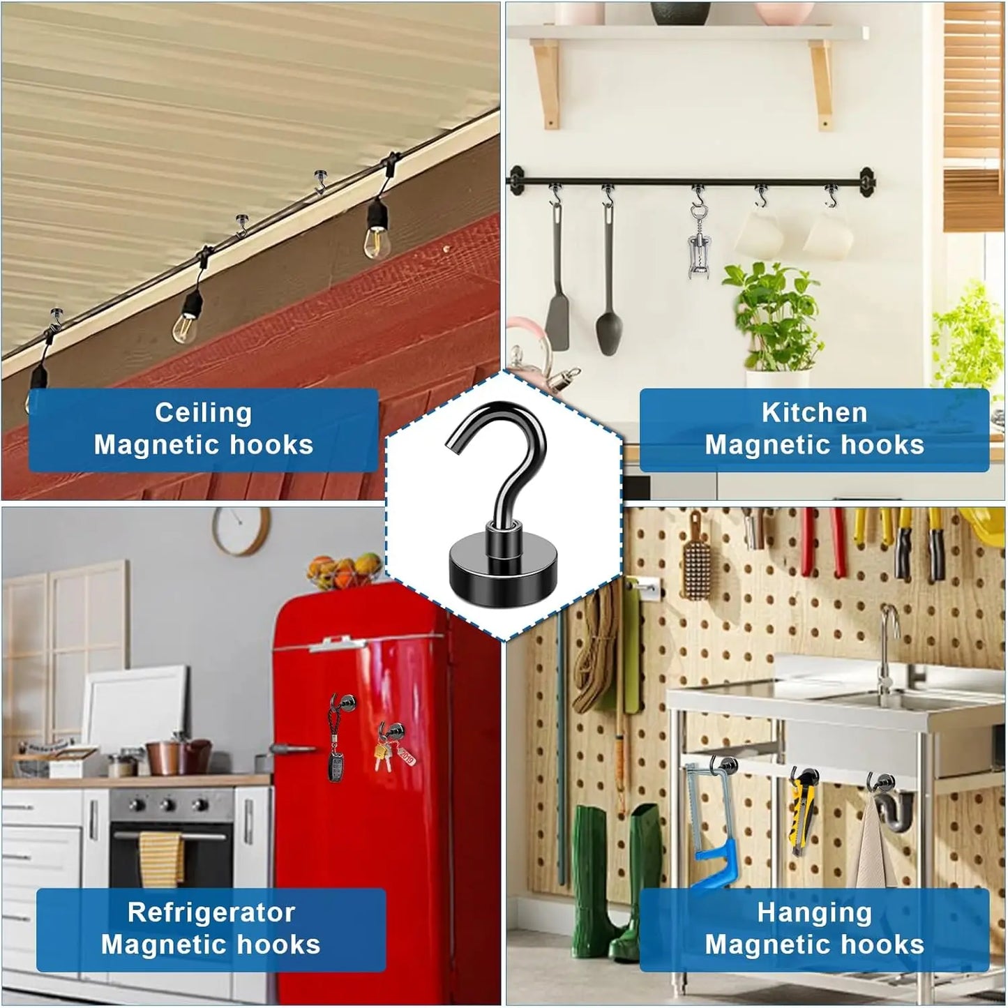 Heavy-Duty Magnetic Hooks — Strong Magnet Hangers for Home, Kitchen, Office & Workplace (Pack of 4/6/8/12, Black)